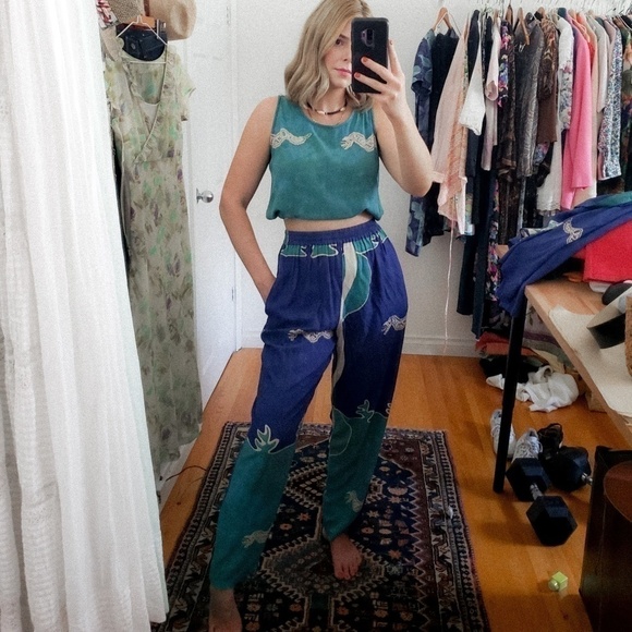 2 pc. Lounge set rayon turquoise pant set colour block straight leg - Picture 1 of 15